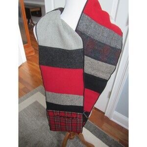 GORGEOUS WOOL RED AND GRAY STRIPE PLAID  PATCHWORK MENS SCARF 8x72"